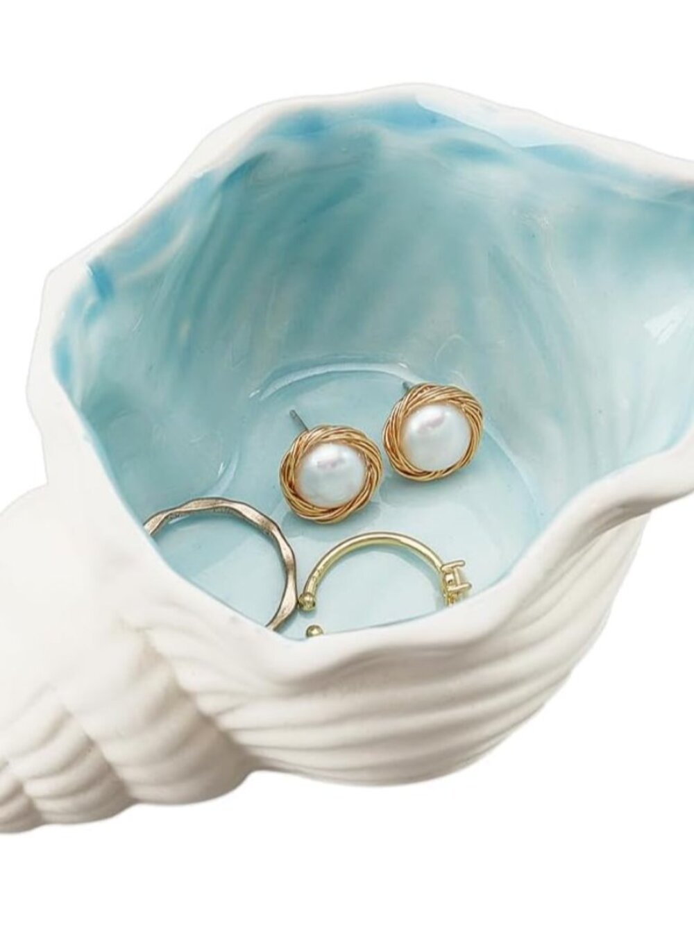 Conch Shape Ceramic Jewelry Tray, Aqua Shell Trinket Dish Ceramic Ring Earring H